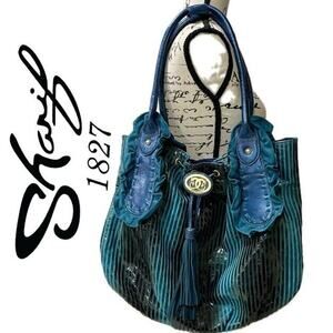 Y2K SHARIF 1827 SHOULDER BAG TURQUOISE/BLUE VERTICAL STRIPES ECLECTIC EMBOSSED